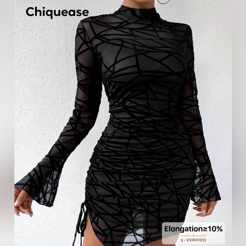 NWOT SHEIN Black Patterned Long Sleeve RUCHED MESH Dress L